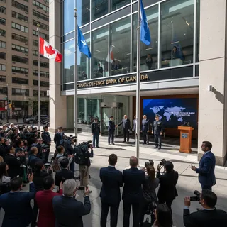 Modern Canadian office building exterior, representing a new NATO defence bank in Ontario.