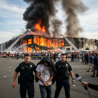 Man in handcuffs being led away from a large, smoky warehouse under a realistic natural sky.