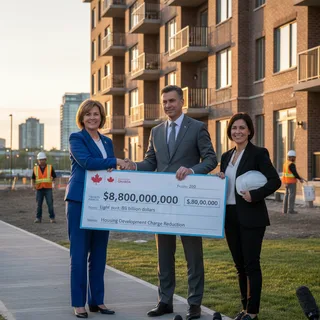 Government officials in Ontario discussing housing development and construction fees during a press conference.