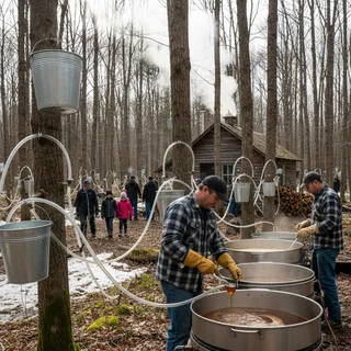 Tapper collecting maple sap in buckets hanging from a tree, with a forest in the background.