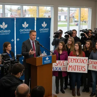 Ontario's Education Minister Paul Calandra stands at a podium, with a blurred government building interior in the background.