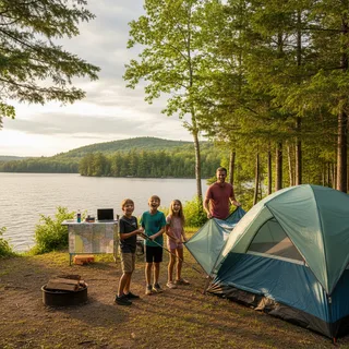 People setting up a tent in a sunny Ontario provincial park campsite with trees in the background.