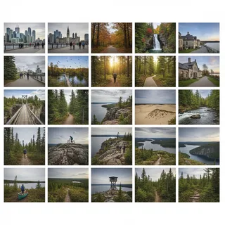 Varying Ontario hiking trails with natural landscapes, from forests to rocky paths, in realistic lighting.