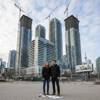 Wide shot of Toronto skyline with condos, representing falling prices and financial risk for buyers.