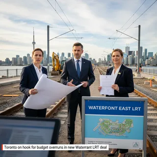 Realistic image of an urban light rail train approaching a station along Toronto's waterfront.