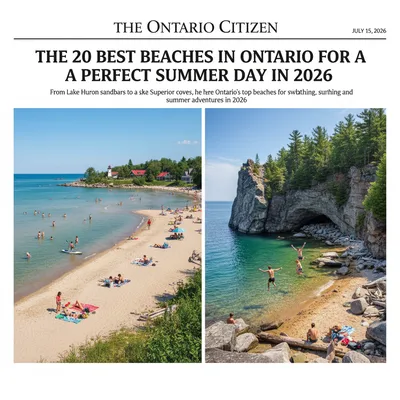 Photorealistic image of Ontario’s diverse beaches, featuring sandy shores and clear waters for summer activities.