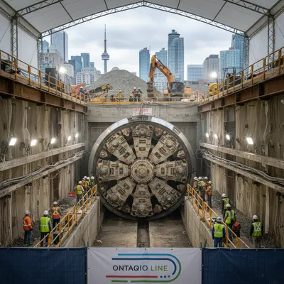 Construction crews operate heavy machinery in a large, freshly dug tunnel for the Ontario Line subway expansion.
