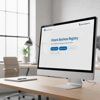A computer monitor showing the official Ontario Business Registry homepage, where businesses can register and manage their information online in Ontario.