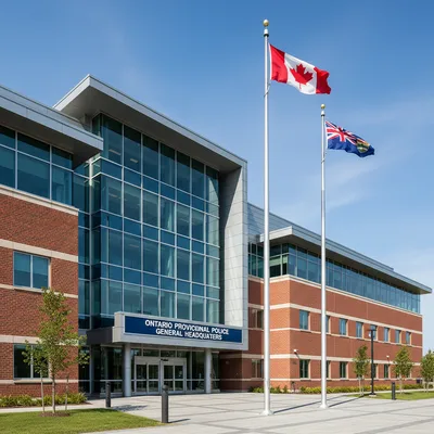 The exterior of the modern Ontario Provincial Police General Headquarters building in Orillia, showing the main entrance under a clear blue sky.
