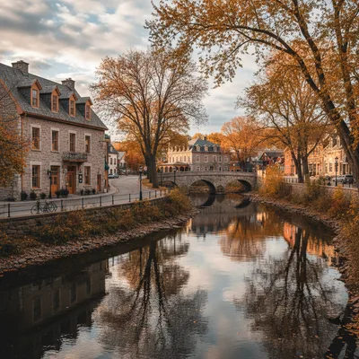 The beautiful Grand River flowing through the historic downtown core of Paris, Ontario, with its characteristic cobblestone buildings and bridges.