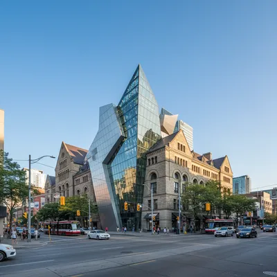 The iconic facade of the Royal Ontario Museum in Toronto, with the modern Michael Lee-Chin Crystal addition contrasting against the historic stone building.