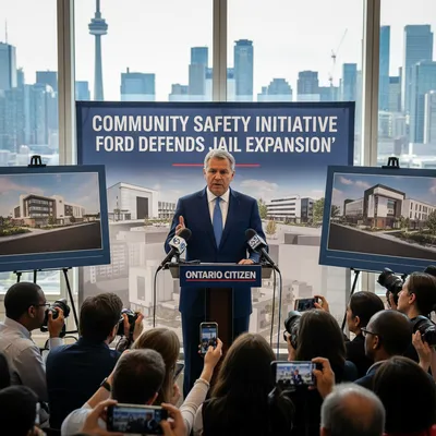Ontario Premier Doug Ford stands at a podium, addressing the public regarding correctional system expansion investments.