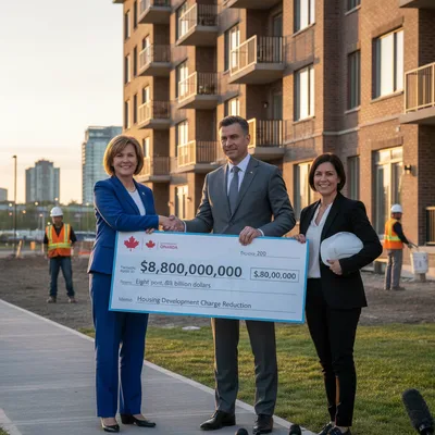 Government officials in Ontario discussing housing development and construction fees during a press conference.