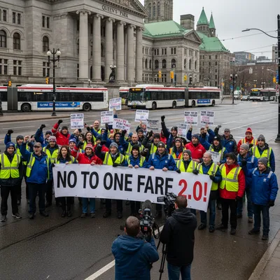 Protestors in front of Queen's Park demanding the halt of the 'One Fare 2.0' expansion plan.
