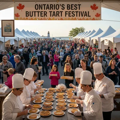 Butter tarts arranged artfully on a display table at a festival, showcasing a variety of toppings and crusts.