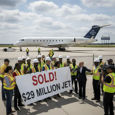Bombardier jet parked on tarmac under natural lighting, representing a government sale.