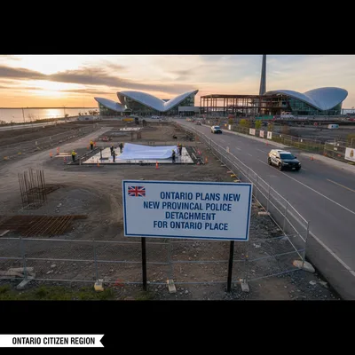 Provincial police detachment under construction on the east island of Ontario Place with the Toronto skyline in the background.