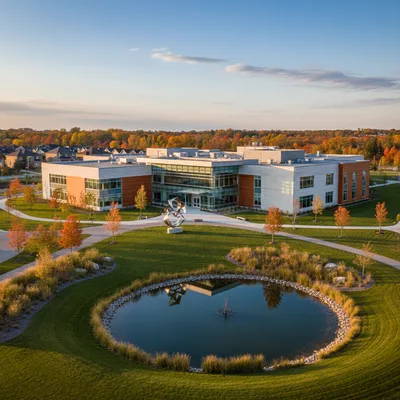 Modern building exterior with landscaped grounds, showcasing architectural photography in a realistic setting.