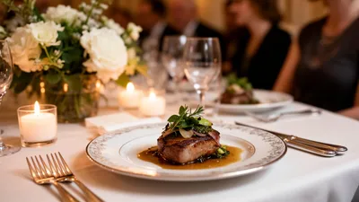 Elegant plated wedding course on fine china at a candlelit Ontario reception table with white florals.