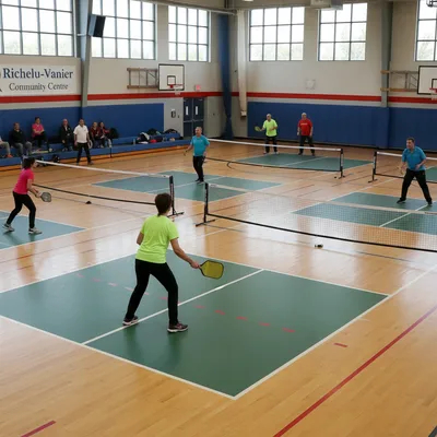 Players enjoy a lively game of pickleball indoors at the Richelieu-Vanier Community Centre on a bright day.