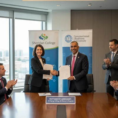 Sheridan College and International Business University representatives shaking hands during the signing of a master's degree pathway agreement.