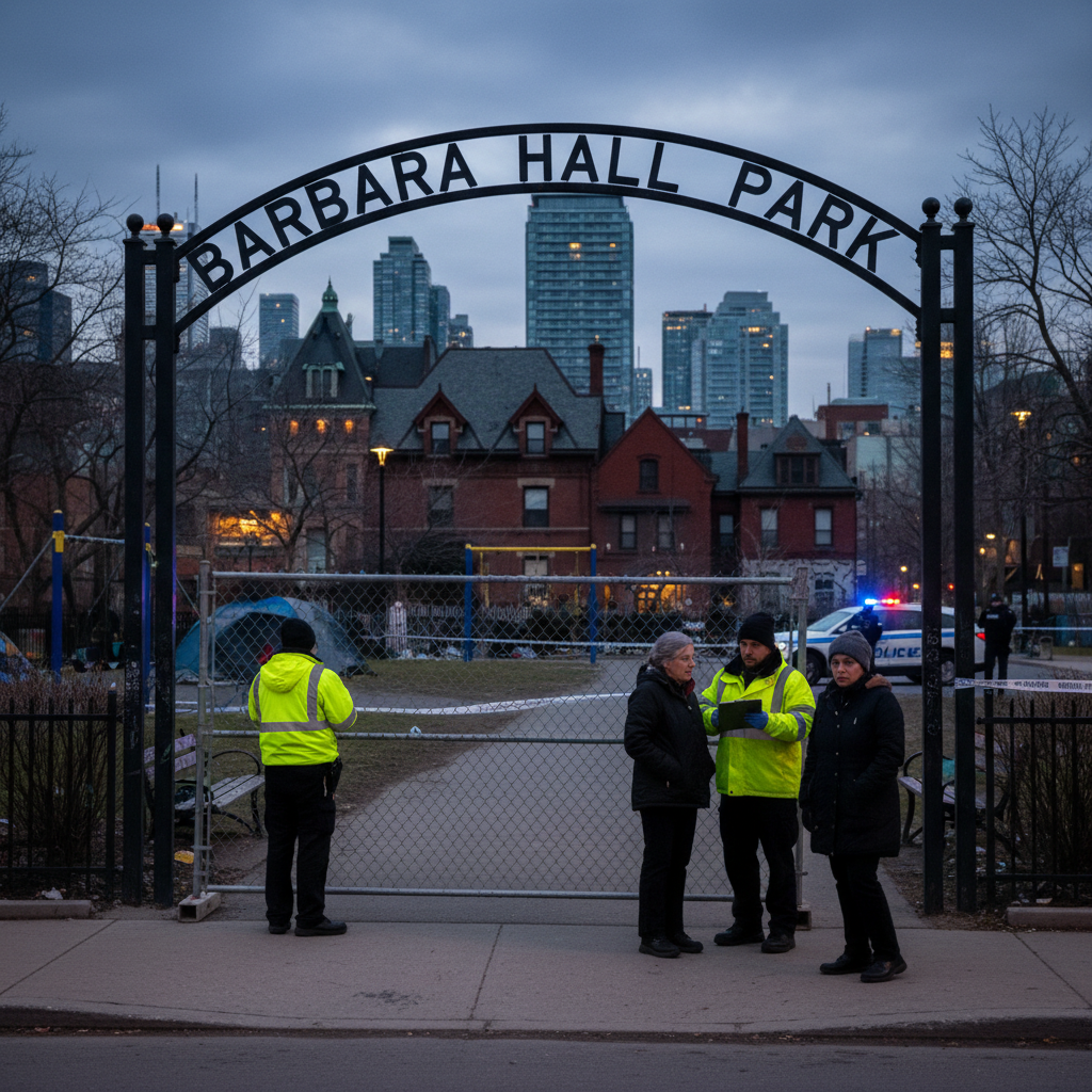 Barbara Hall Park at dusk, Toronto, with paths and benches suggesting a public space under consideration for closure.