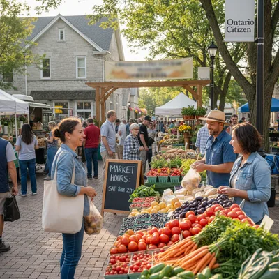 A vibrant outdoor farmers' market in Ontario, showcasing fresh produce under natural daylight.