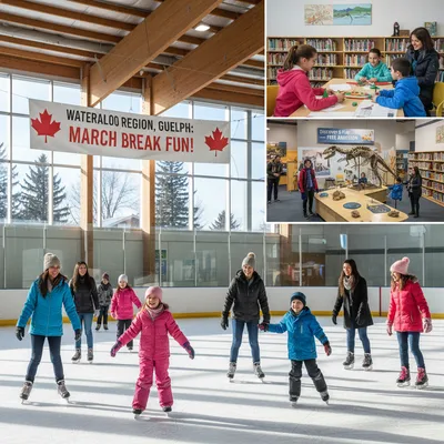 Children and families enjoying a free March break event at a community arena with skating activities.