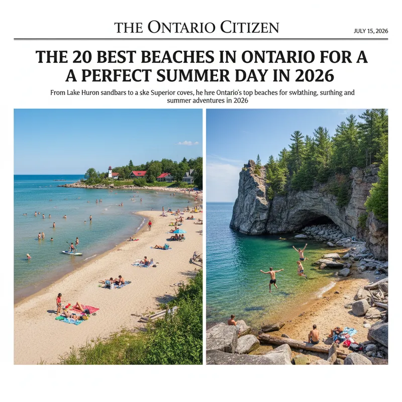 Photorealistic image of Ontario’s diverse beaches, featuring sandy shores and clear waters for summer activities.