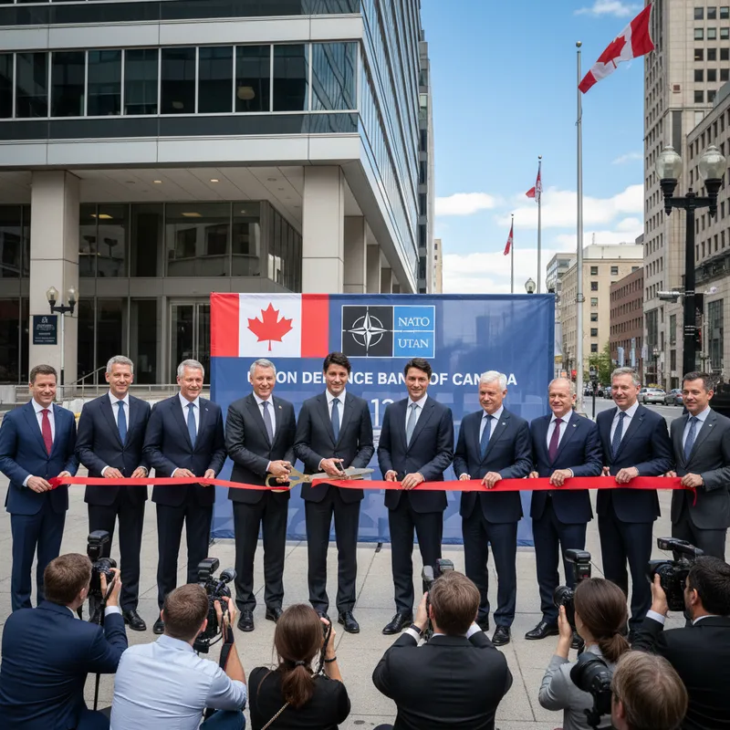 Modern office building exterior with Canadian flags, symbolizing new NATO defence bank headquarters.