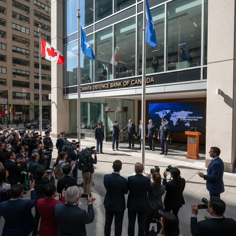 Modern Canadian office building exterior, representing a new NATO defence bank in Ontario.