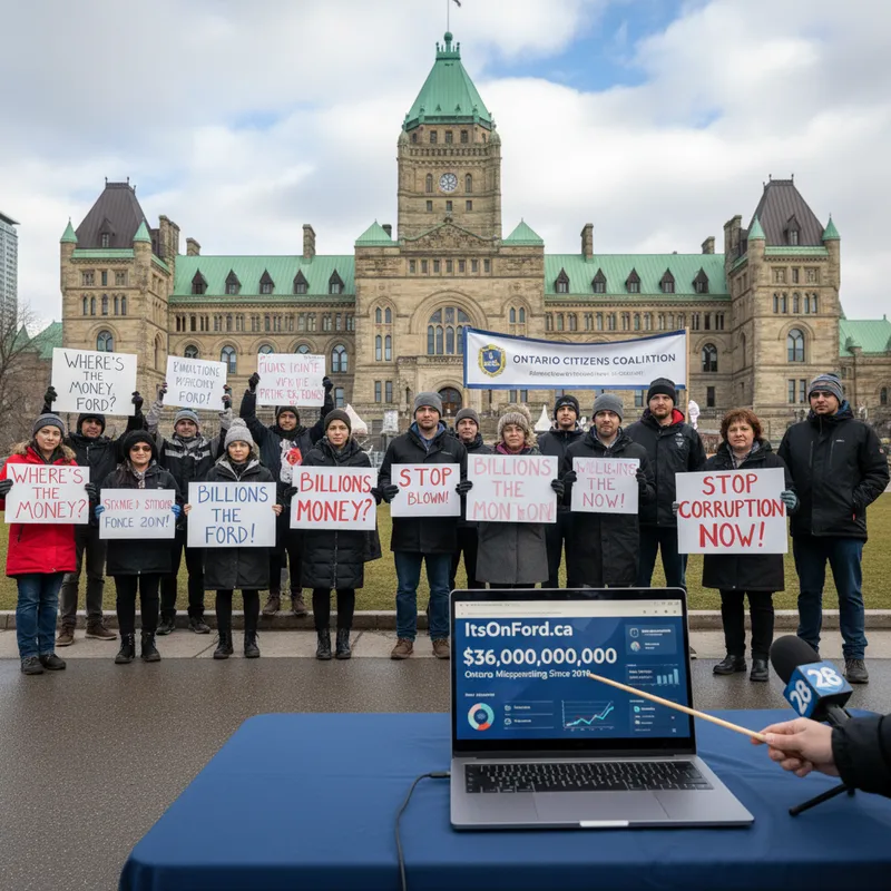 Protestors with signs gather at Queen\'s Park, near a laptop displaying the ItsOnFord.ca dashboard, highlighting government misspending concerns.