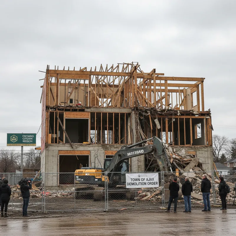 Partially built structure in Ajax, Ontario, under natural lighting, as seen in a regional news photograph.