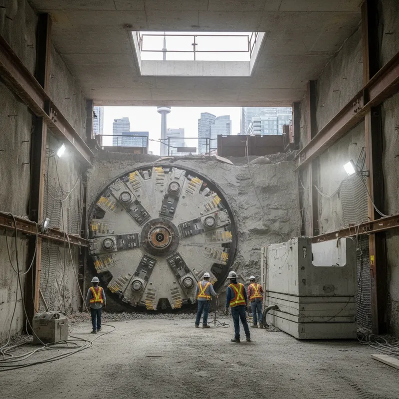 Construction crew operating heavy machinery in a large tunnel segment for the Ontario Line subway expansion.