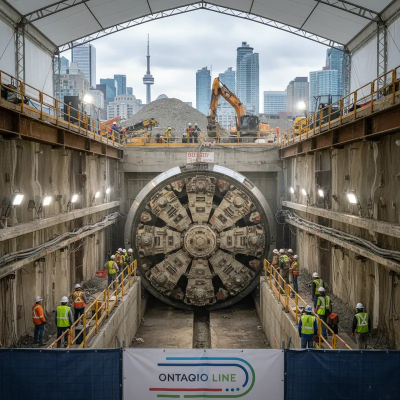 Construction crews operate heavy machinery in a large, freshly dug tunnel for the Ontario Line subway expansion.