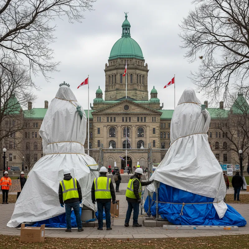 Statues on Queen’s Park grounds being covered with protective wrapping by workers before protests.