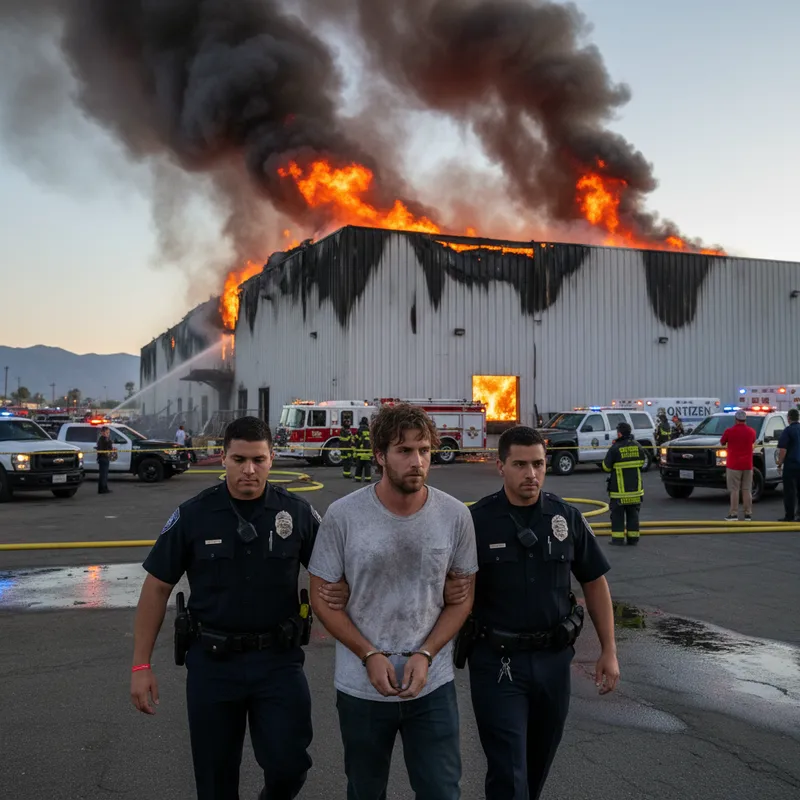 Man in handcuffs near a large, smoky warehouse after an alleged arson incident.
