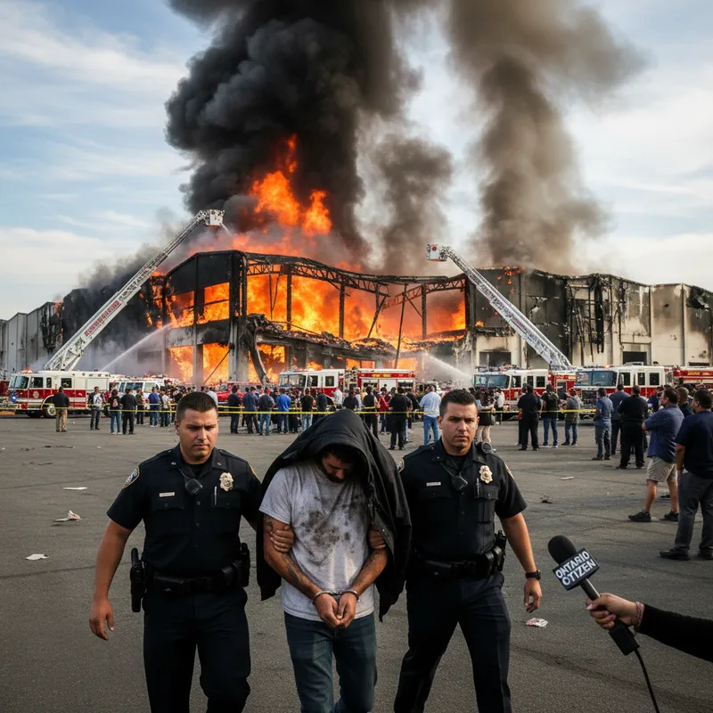 Man in handcuffs being led away from a large, smoky warehouse under a realistic natural sky.