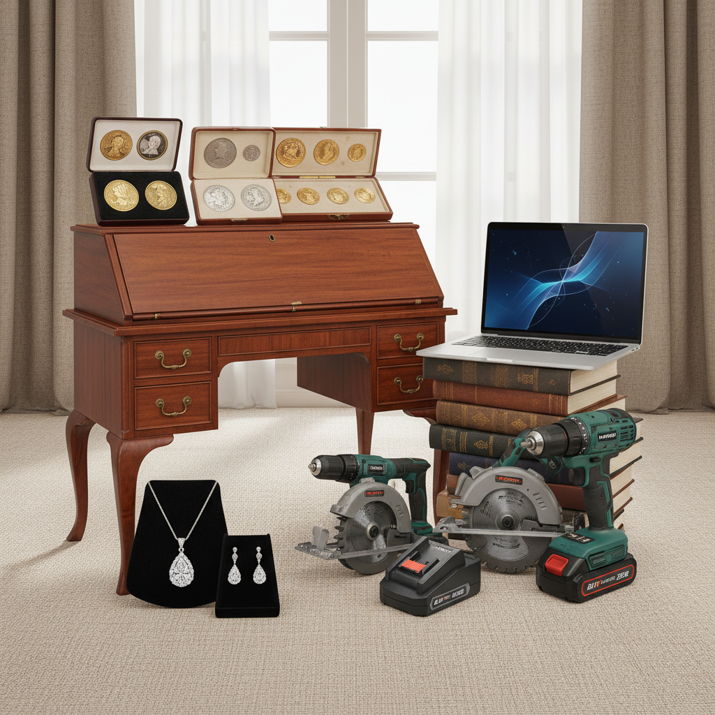 A diverse collection of items available for auction on HiBid Ontario, including furniture, electronics, tools, jewellery, and collectibles, arranged neatly.