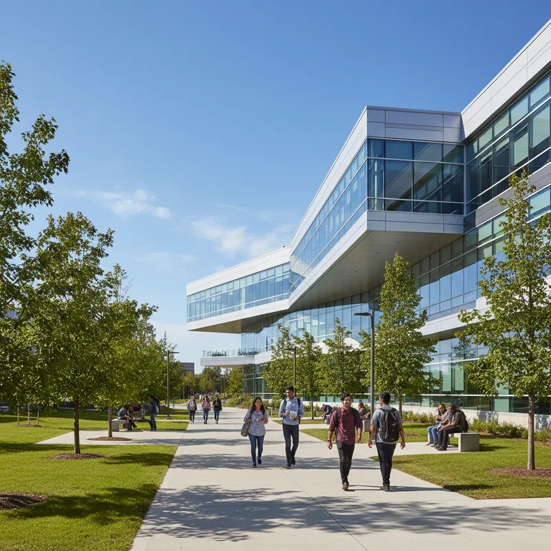 A modern building on the Ontario Tech University campus in Oshawa, Ontario, with students enjoying a sunny day outdoors.