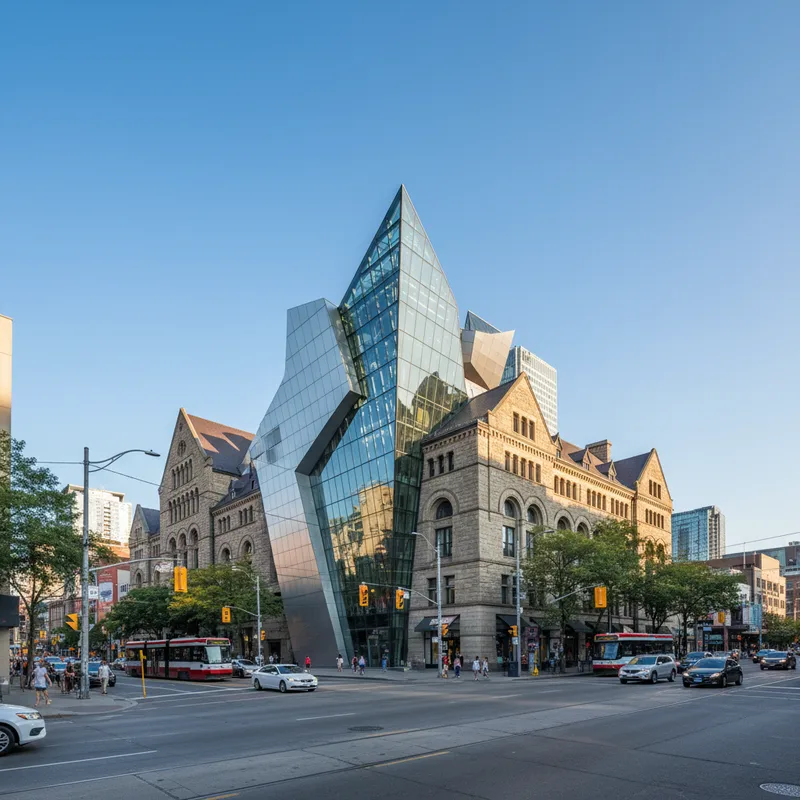 The iconic facade of the Royal Ontario Museum in Toronto, with the modern Michael Lee-Chin Crystal addition contrasting against the historic stone building.