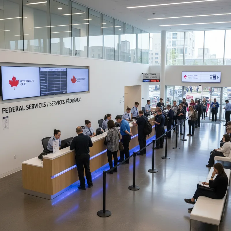 Federal government service counter with a queue of people and official signage, indicating a public service point in Ottawa.