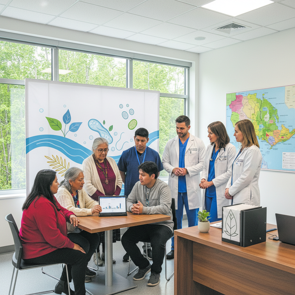 Indigenous community members in a realistic health setting discuss climate-sensitive infectious diseases with a healthcare professional.