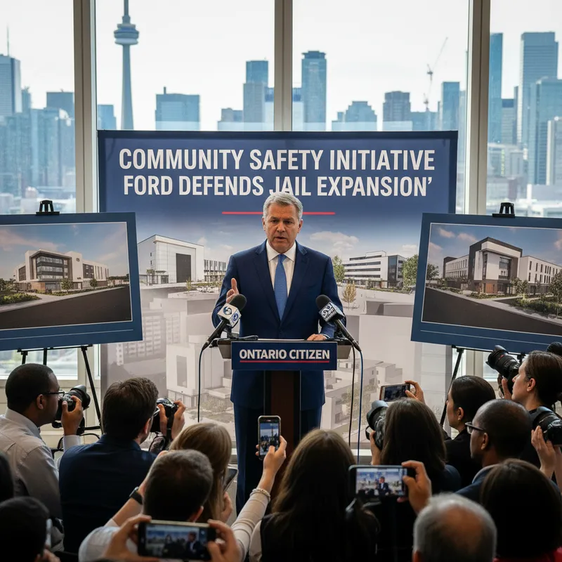 Ontario Premier Doug Ford stands at a podium, addressing the public regarding correctional system expansion investments.