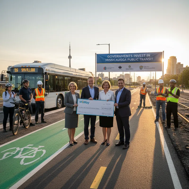 Mississauga street with new cycling paths and modern bus shelters, ready for electric buses.