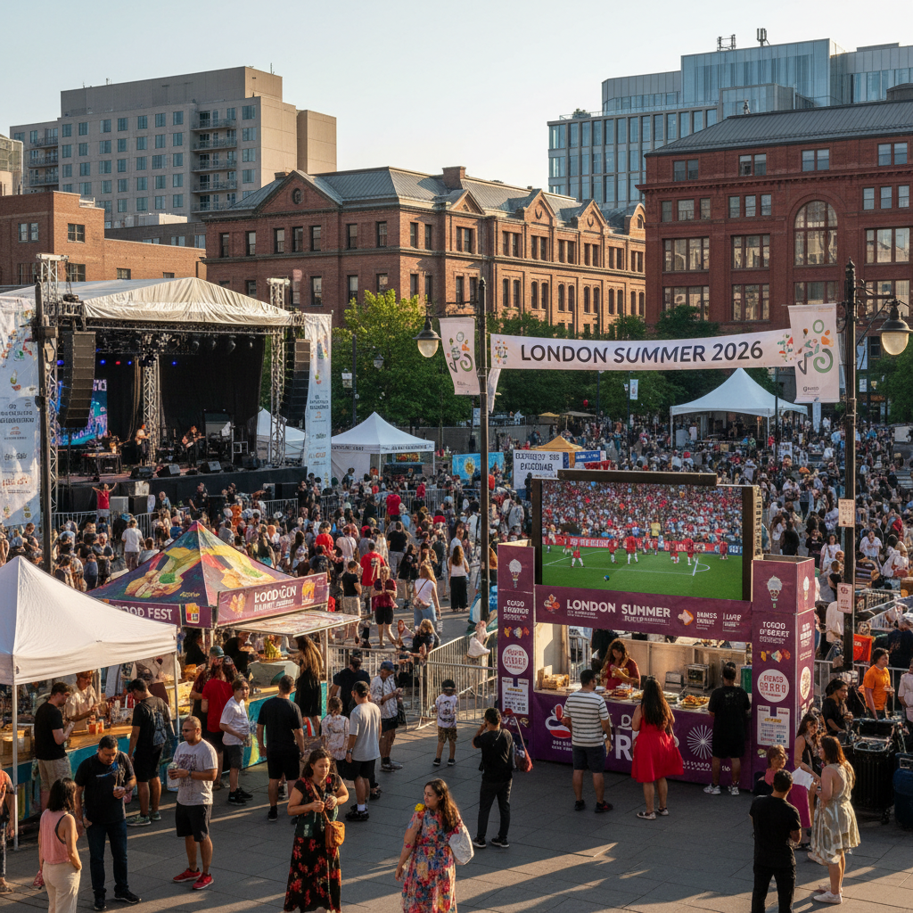 A diverse crowd enjoys a summer festival with food stalls and music stages in London, Ontario in 2026.