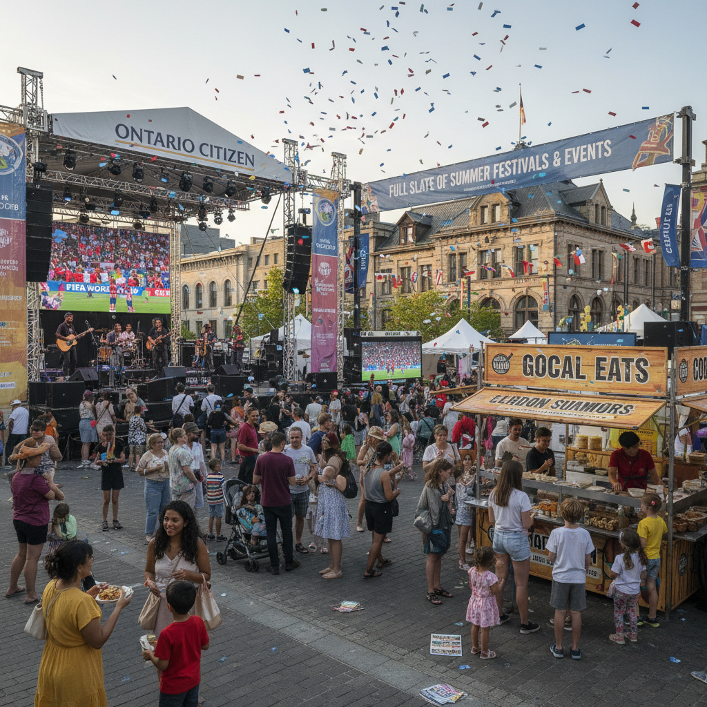 People enjoying outdoor food and music festivals under natural lighting in London, Ontario.
