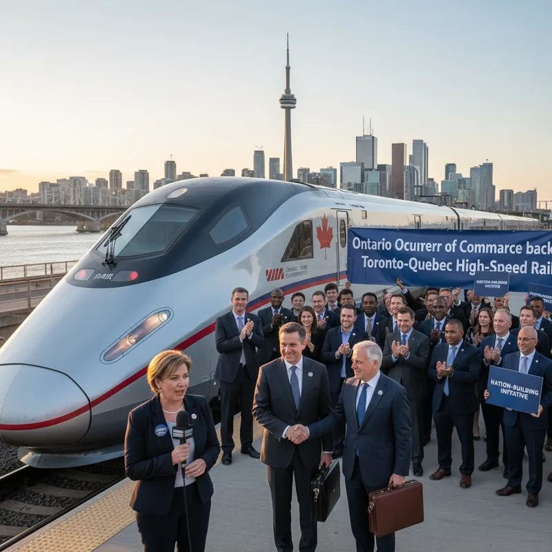 A photorealistic depiction of a modern high-speed train in a realistic Ontario setting.