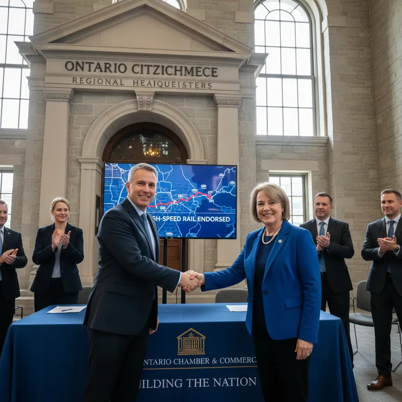 Ontario Chamber of Commerce president speaks at a press conference supporting the Toronto-Quebec high-speed rail project.