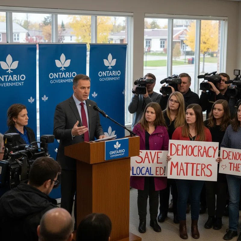 Ontario's Education Minister Paul Calandra stands at a podium, with a blurred government building interior in the background.
